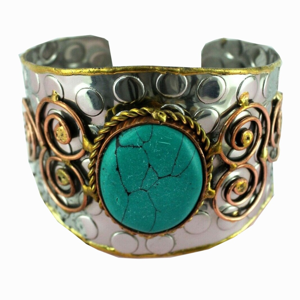 Turquoise Stone Accented Tri-Tone Swirl Textured C
